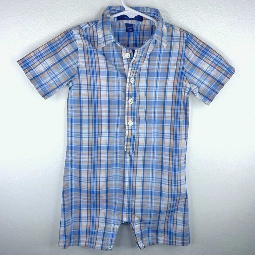 NAUTICA Kids Baby Boy Bright Preppy Plaid Button Up Onesie Size 24 Month